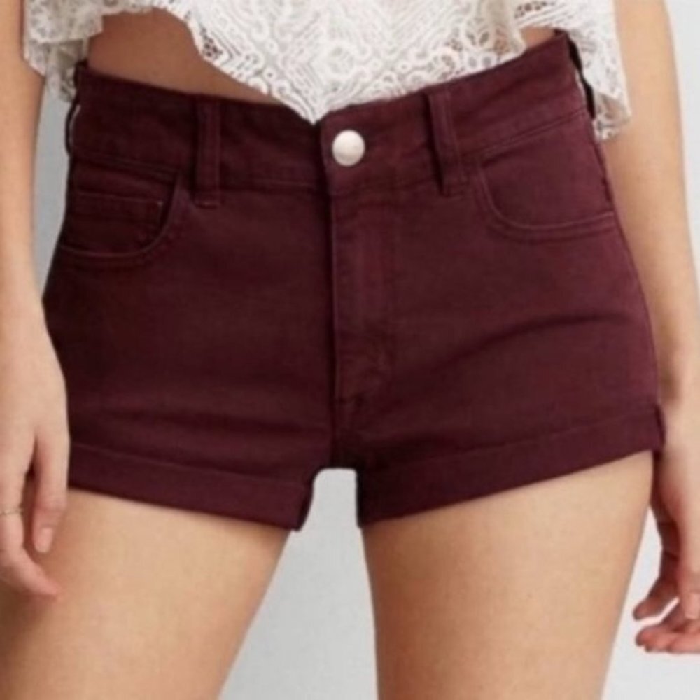 American Eagle Maroon Super Stretch Hi Rise Shortie Shorts